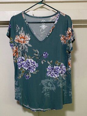 Maurices 24/7, short sleeve, green tunic w/purple & orange flowers, size L